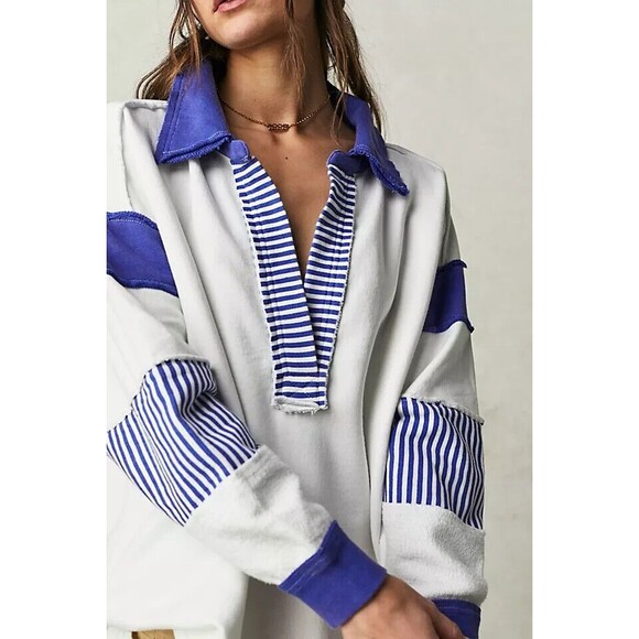 Free People We The Free Clean Prep Polo Pullover Top Oversized Striped XS 271213 - Picture 2 of 9